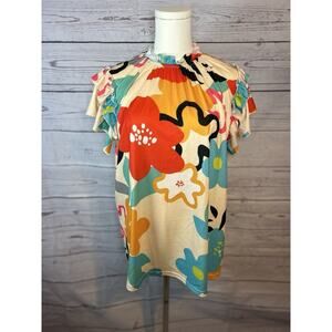NWT Multicolor Abstract Floral Ruffle Mock Neck Top Southern Stitch Size Large